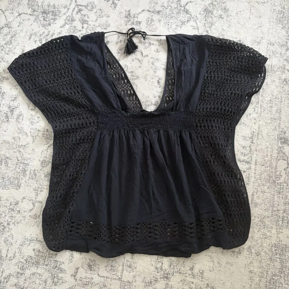 Abercrombie & Fitch Y2K Black Crochet Kaftan Top Size M/L Peasant Boho V-neck - Picture 3 of 7